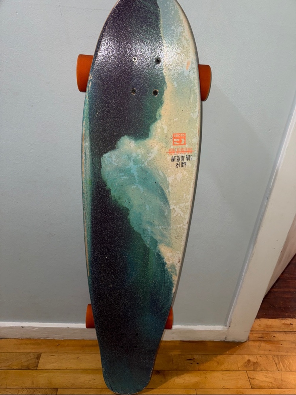 Globe Longboard with Blue Wave Deck and Orange Wheels - Picture 5 of 8